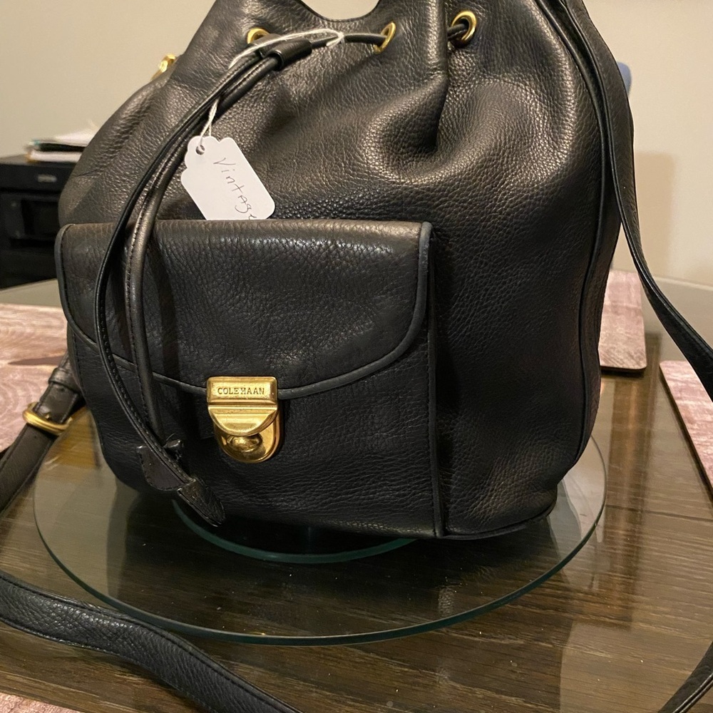 Vintage Cole Haan Black Leather Backpack with Gold Hardware
